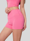 Smooth, stretchy fabric of FlexRise High-Waist Short Legging in Peach Pink - Athlesi