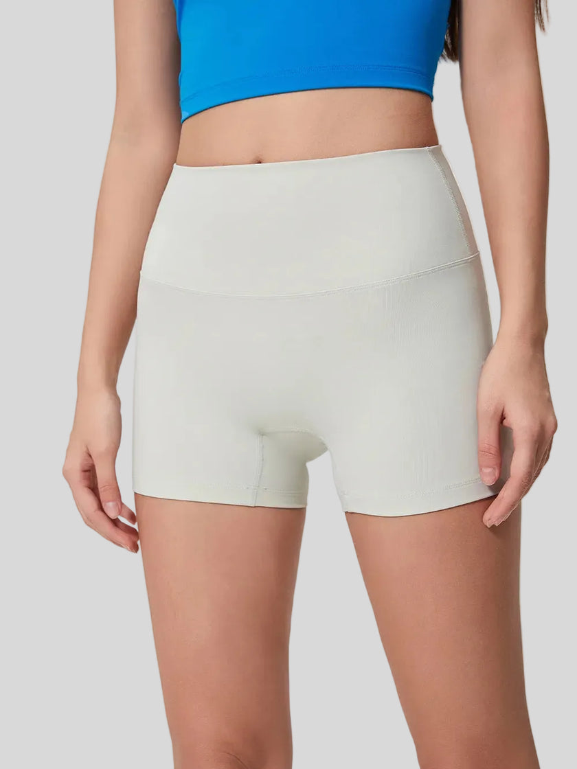 High-rise waistband of FlexRise High-Waist Short Legging in White- Athlesi