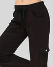 Close-up of drawstring waistband and front pocket detail on FlowCargo Relaxed Active Pants in Black