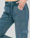 Close-up of drawstring waistband and front pocket detail on FlowCargo Relaxed Active Pants in Sea Blue