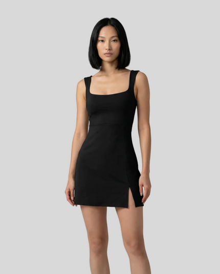 Front view of model wearing FlowCourt square-neck seamless active dress in black
