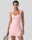 Front view of model wearing FlowCourt square-neck seamless active dress in pink