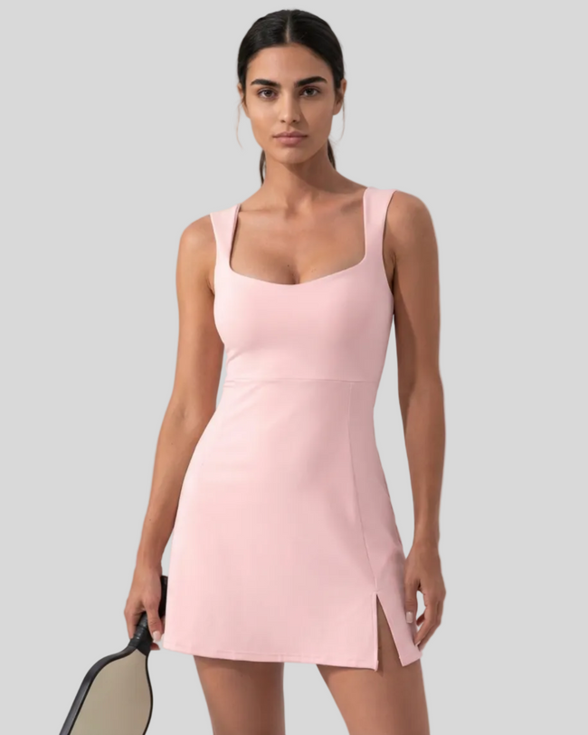 Front view of model wearing FlowCourt square-neck seamless active dress in pink