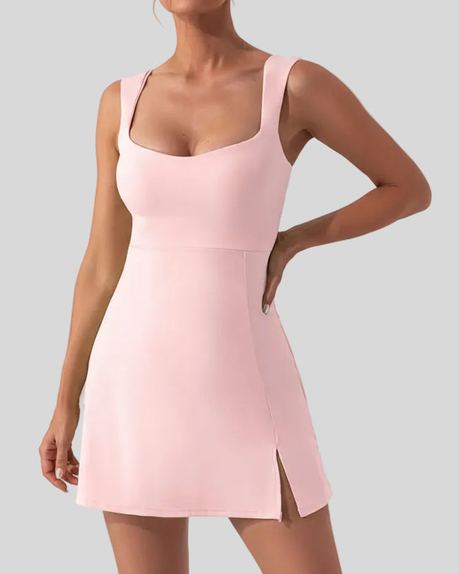 FlowCourt square-neck seamless active dress in pink, front view