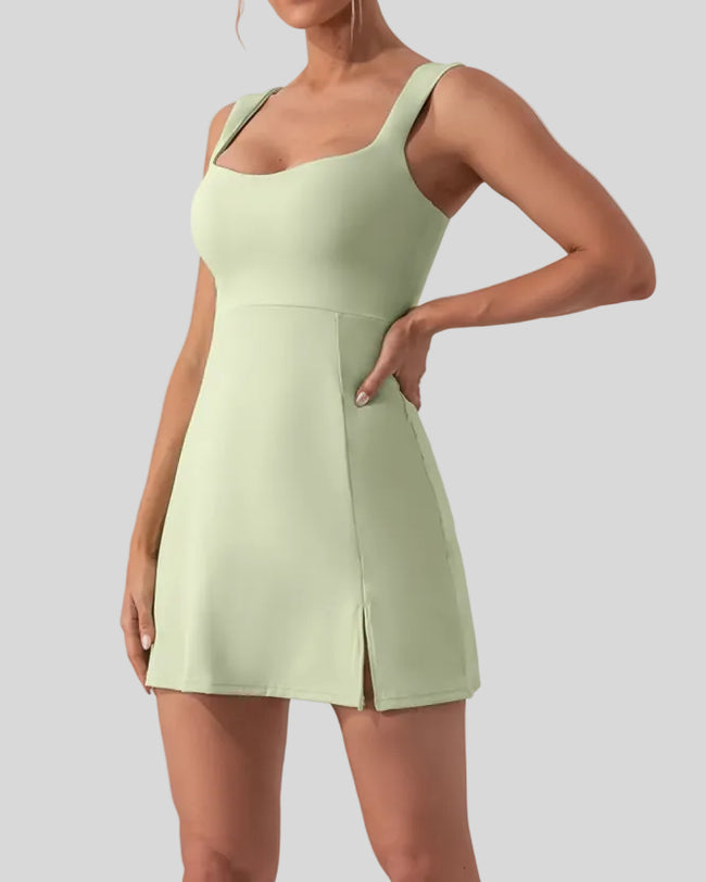 FlowCourt square-neck seamless active dress in light green, front view