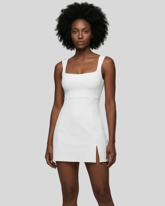 Front view of model wearing FlowCourt square-neck seamless active dress in white