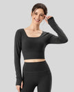 Athlesi FlowCross long sleeve square-neck active top in black, angled front view