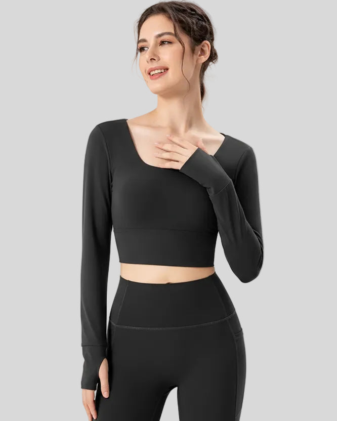 Athlesi FlowCross square-neck studio top in black, front view