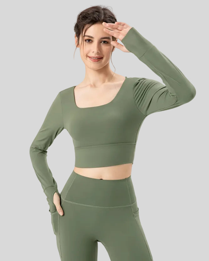 Athlesi FlowCross long sleeve square-neck active top in matcha green, angled front view