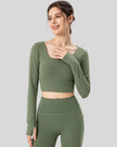 Athlesi FlowCross square-neck studio top in matcha green, front view