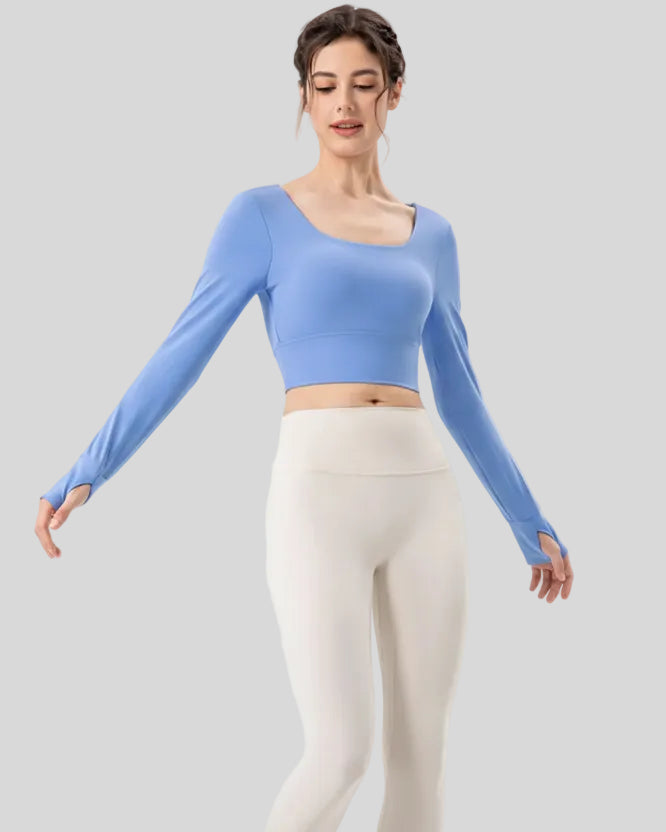 Athlesi FlowCross long sleeve square-neck active top in sky blue, angled front view