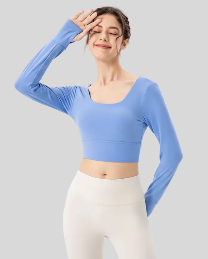 Athlesi FlowCross square-neck studio top in sky blue, front view