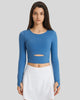 FlowCut Studio Top in blue with front cutout and cropped long sleeve design