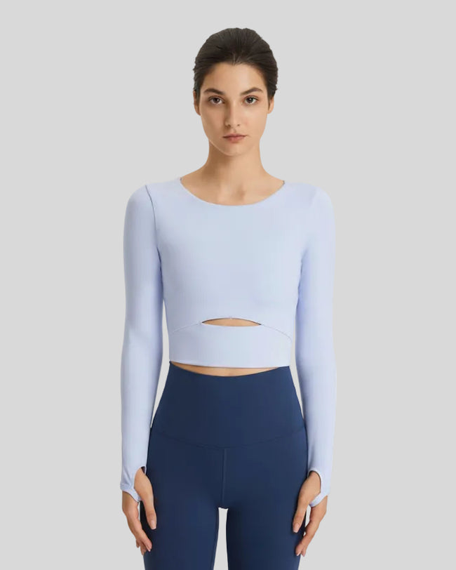 FlowCut Studio Top in sky blue featuring cropped length and front cutout