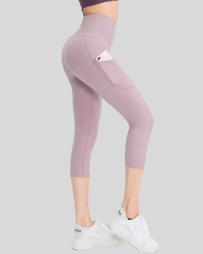 Athlesi FlowEase cropped pocket legging in lilac, right side mid-body detail