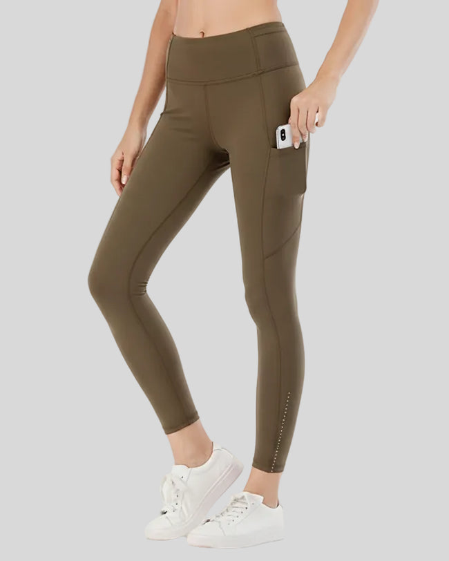 Front view of Athlesi FlowEase Pocket Legging in olive with a soft, high-waist silhouette.