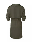 Athlesi FlowForm trench army green back 3d view with draped collar and lightweight design