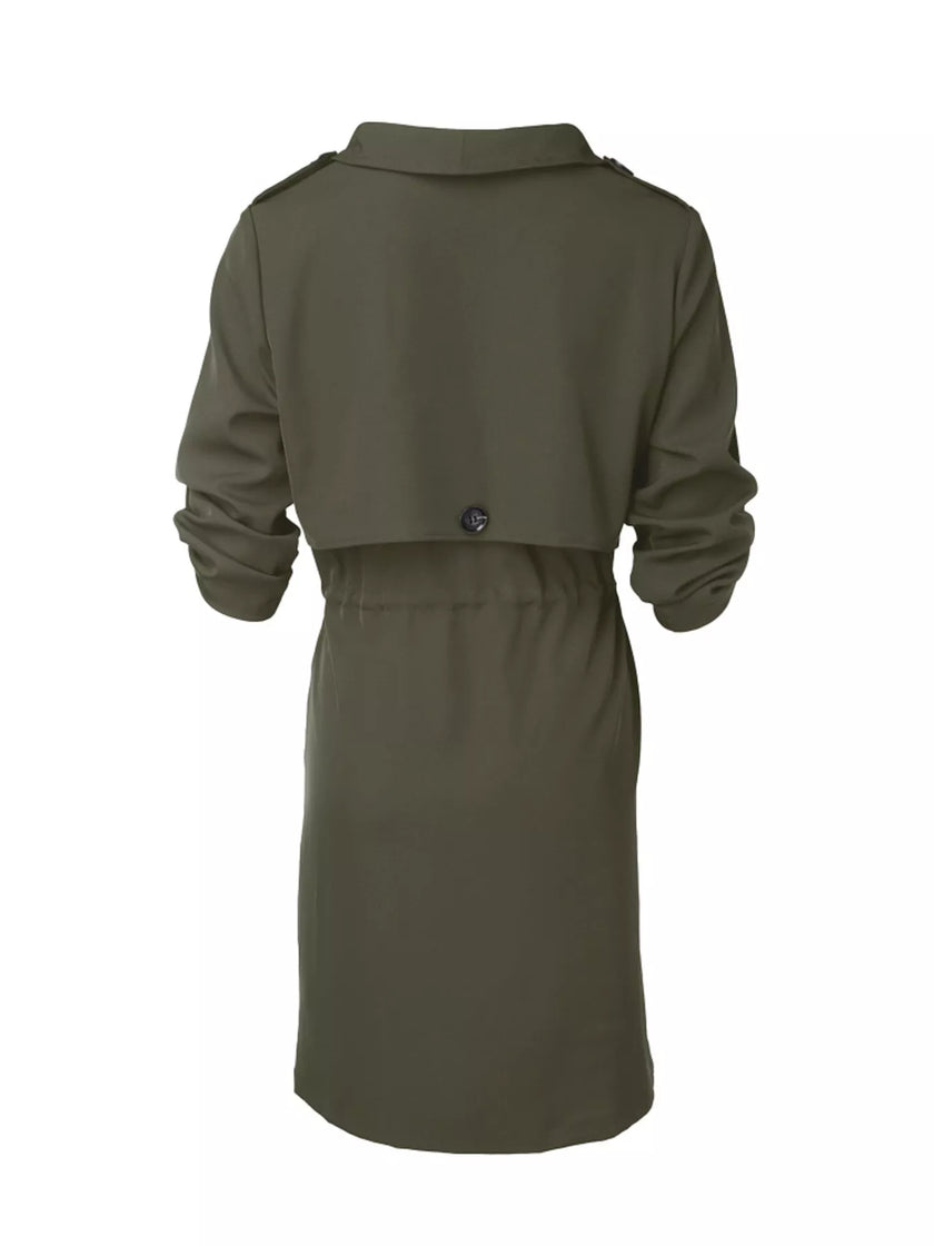 Athlesi FlowForm trench army green back 3d view with draped collar and lightweight design