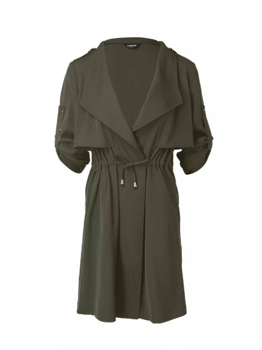 Athlesi FlowForm trench army green front 3d view with draped collar and lightweight design