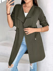 Athlesi FlowForm trench army green angled front view highlighting drape collar and relaxed fit