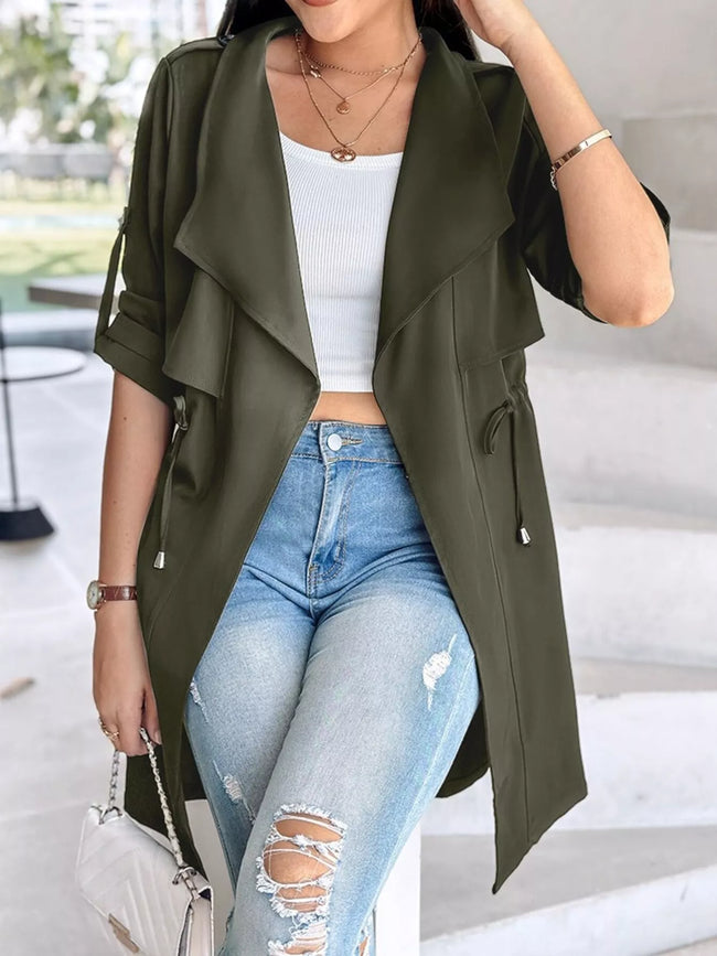 Athlesi FlowForm trench Army-green front open view with draped collar and lightweight design
