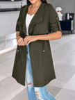 Athlesi FlowForm trench army green semi open front showing adjustable waist and fluid silhouette