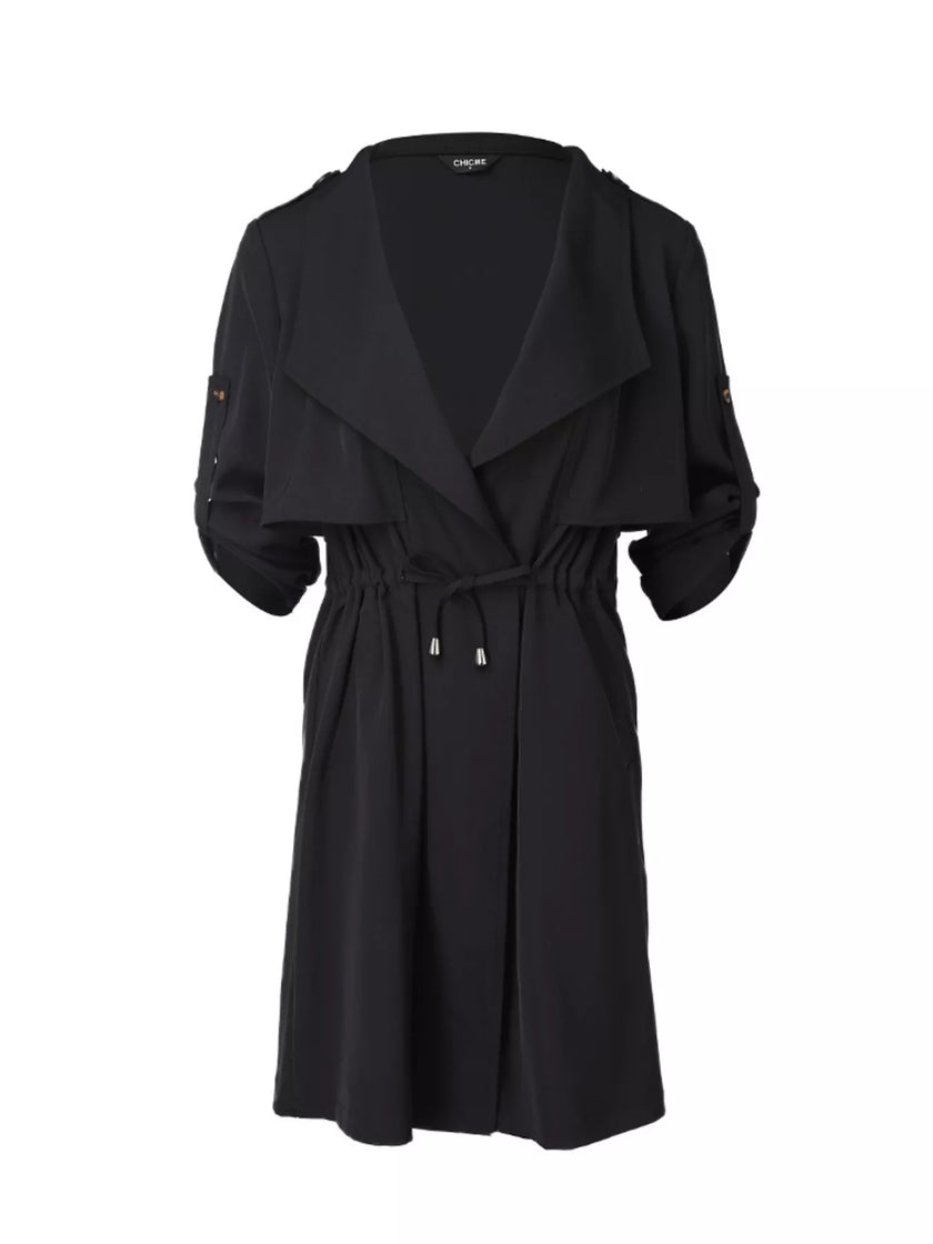 Athlesi FlowForm trench black front 3d view with draped collar and lightweight design