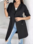 Athlesi FlowForm trench black front closed view with draped collar and lightweight design