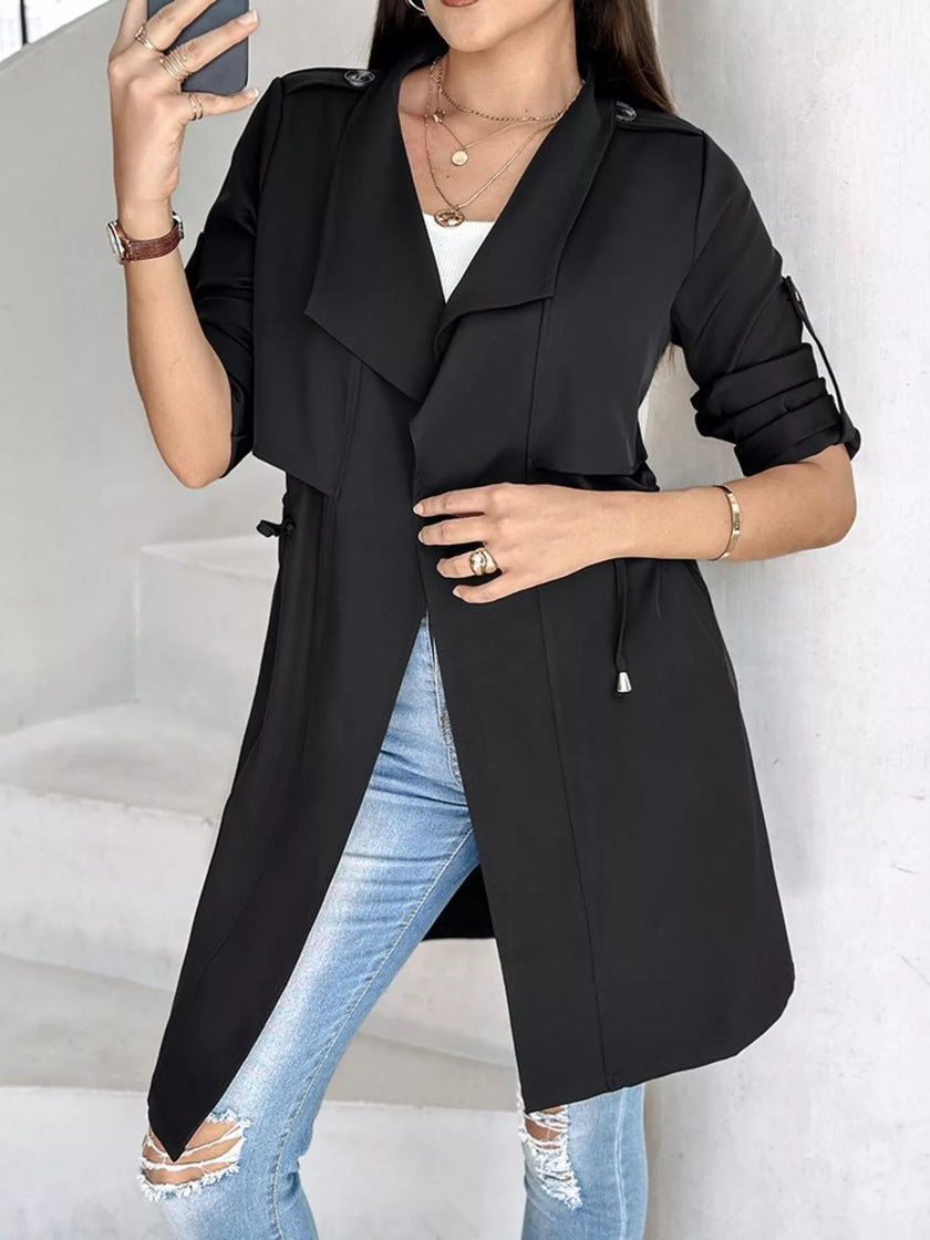 Athlesi FlowForm trench black front closed view with draped collar and lightweight design
