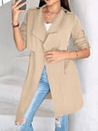 Athlesi FlowForm trench khaki angled front view highlighting drape collar and relaxed fit