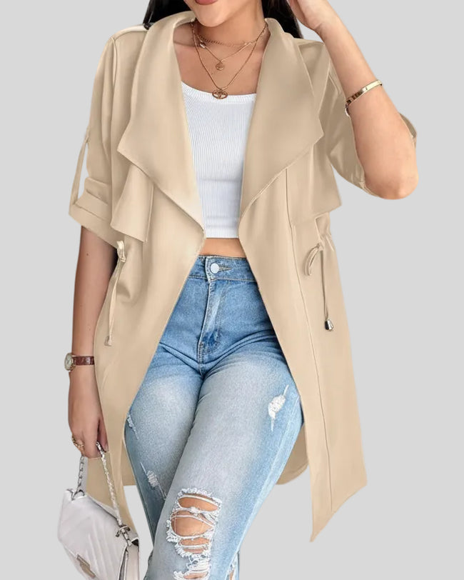Athlesi FlowForm trench khaki front open view with draped collar and lightweight design