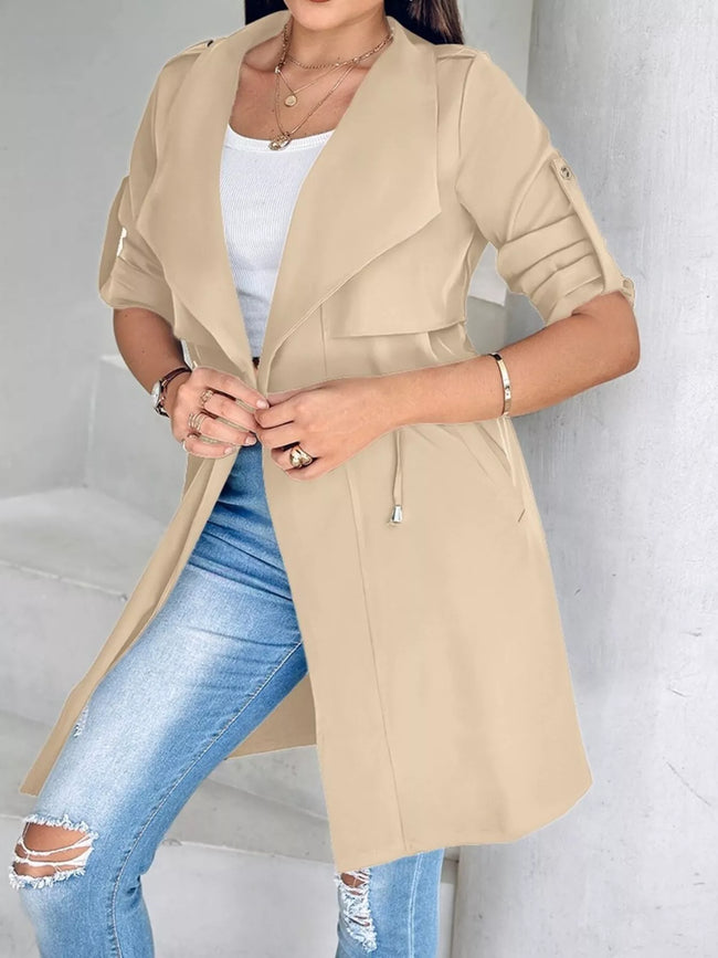 Athlesi FlowForm trench khaki semi open front showing adjustable waist and fluid silhouette