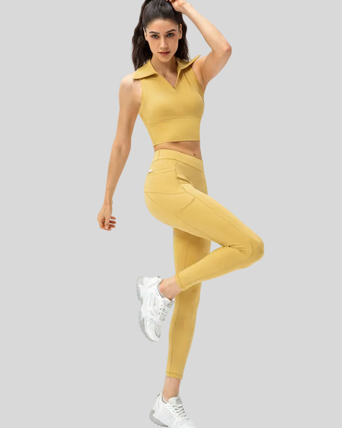 Right side view highlighting functional pockets and smooth seams in gold