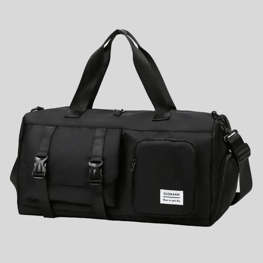 FlowHold Carry Bag in black with structured design and front utility pockets