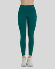 Front view of Athlesi FlowLine Hold Pocket Legging in dark green with a clean, high-waist silhouette