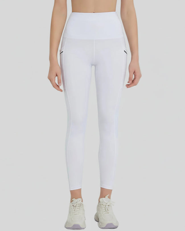 Front view of Athlesi FlowLine Hold Pocket Legging in white with a clean, high-waist silhouette