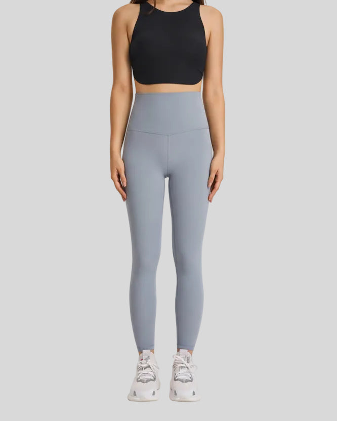 Full front view of FlowLine Hold Soft Legging in gray with smooth high-waist fit