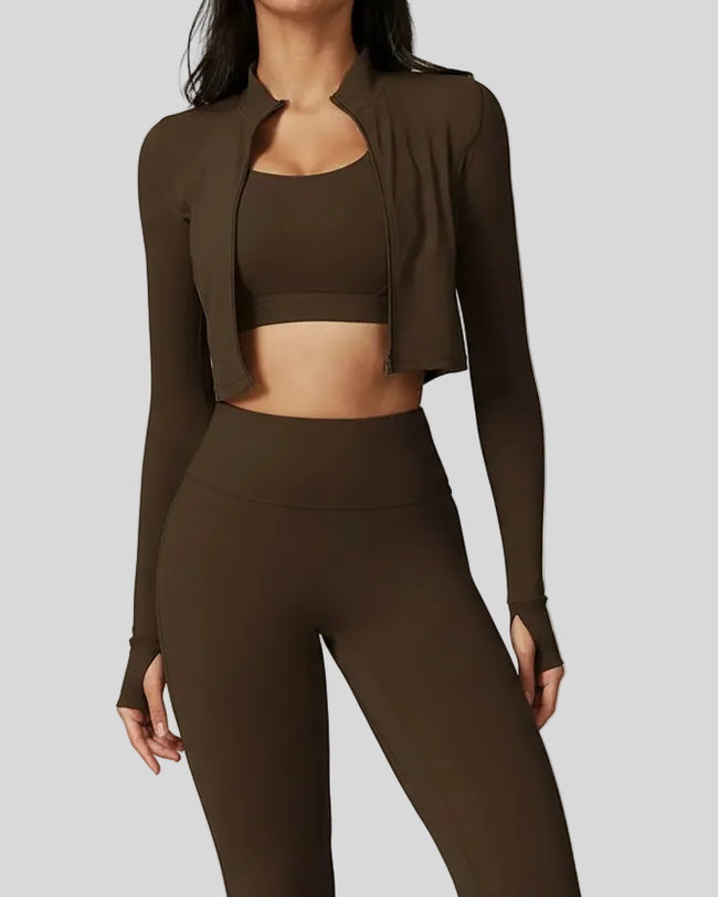 Front close view of Athlesi FlowMotion Complete active set in dark brown