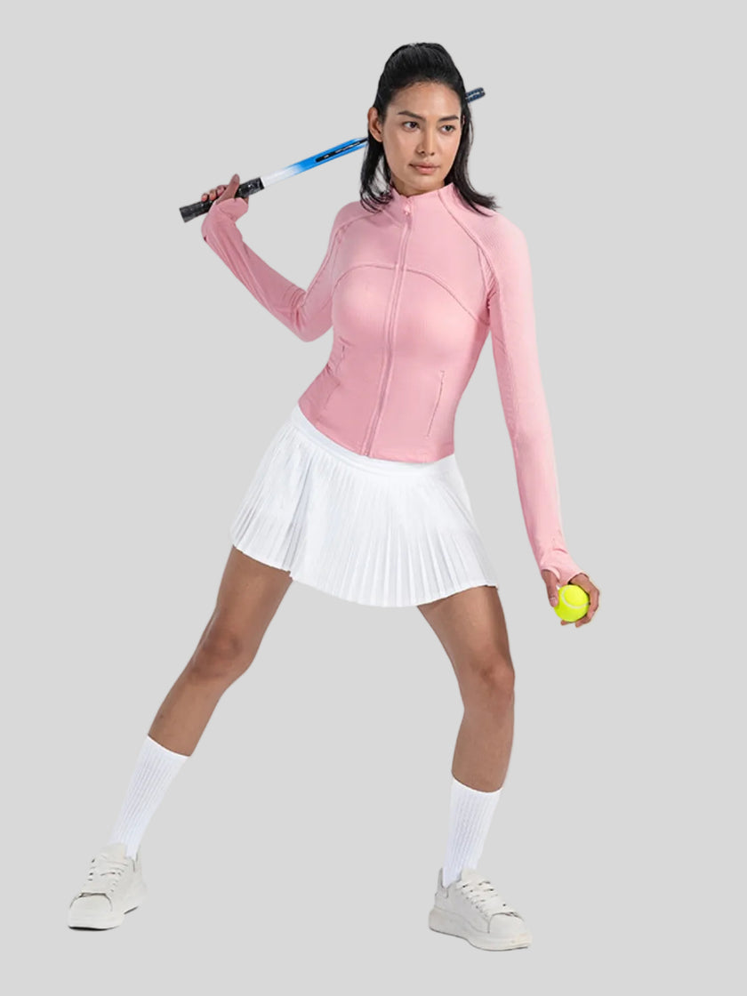 Angled front view of Athlesi FlowMotion Performance jacket in carnation pink