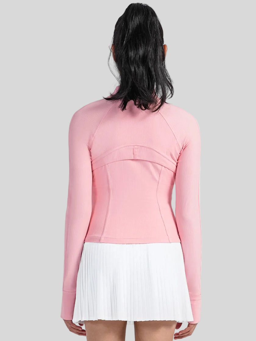 Back view of Athlesi FlowMotion Performance jacket in carnation pink