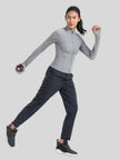 Angled front view of Athlesi FlowMotion Performance jacket in heather gray