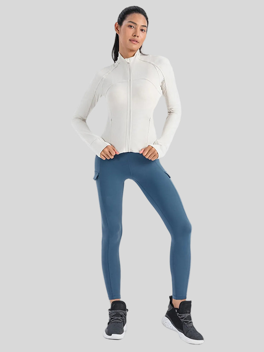 Angled front view of Athlesi FlowMotion Performance jacket in white