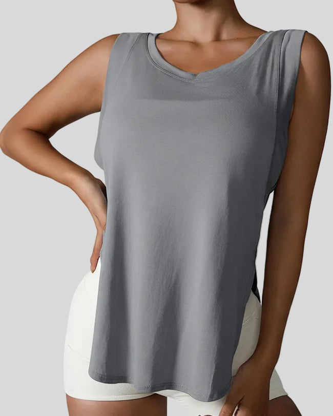 Gray FlowSplit Active Tank with round neckline and lightweight fit, front view