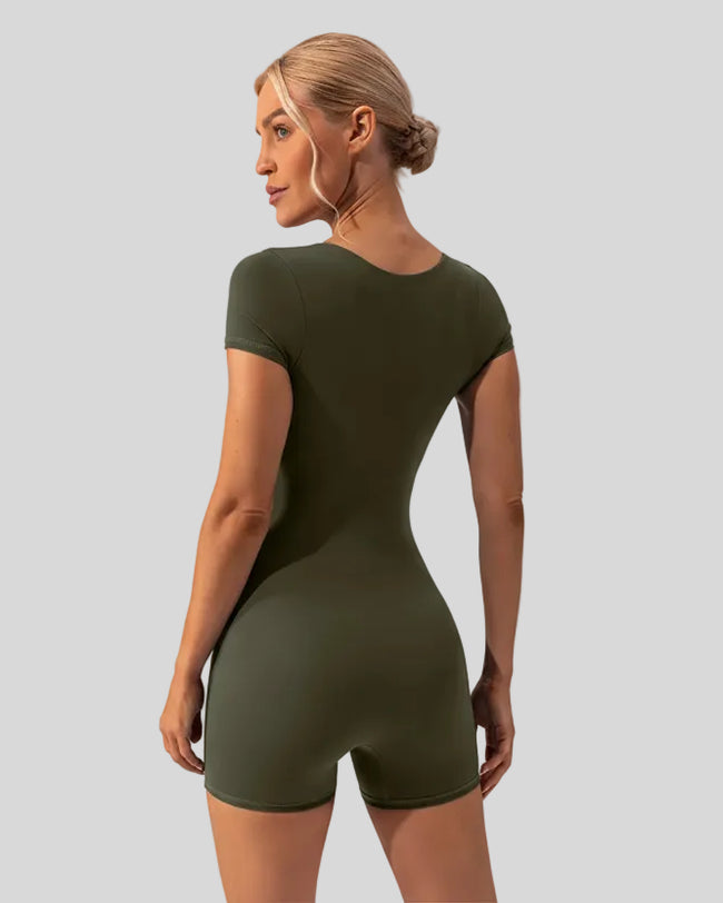 Back view of FormAlign Square-Neck Romper in matcha green with clean, minimal finish