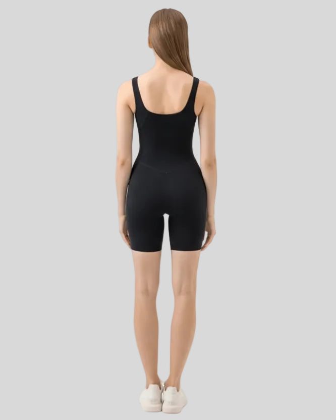 Full body back view of FormEase Sculpt Romper in black