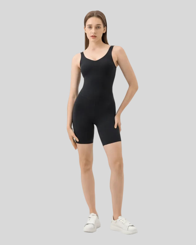 Full body view of FormEase Sculpt Romper in black