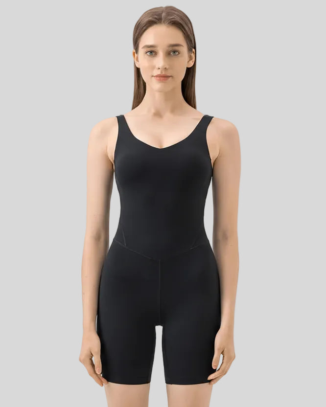 FormEase Sculpt Romper in black, front view