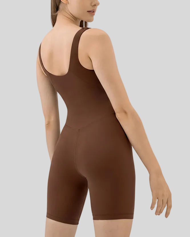 Back angle view of FormEase Sculpt Romper in brown