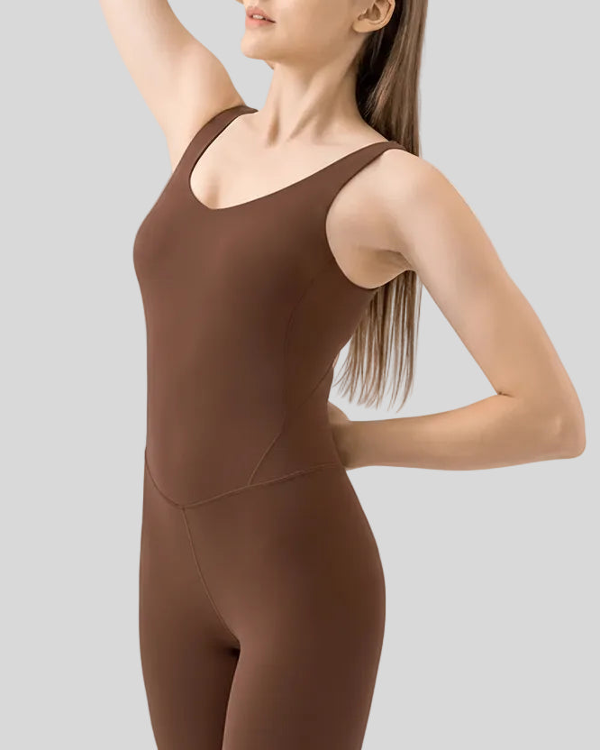 Left side view of FormEase Sculpt Romper in brown