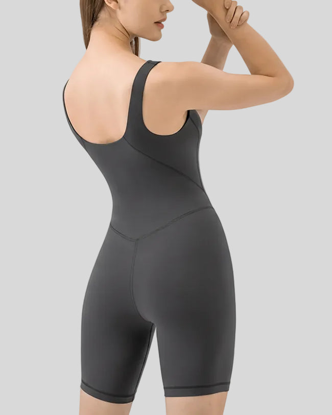 Back angle view of FormEase Sculpt Romper in dark gray